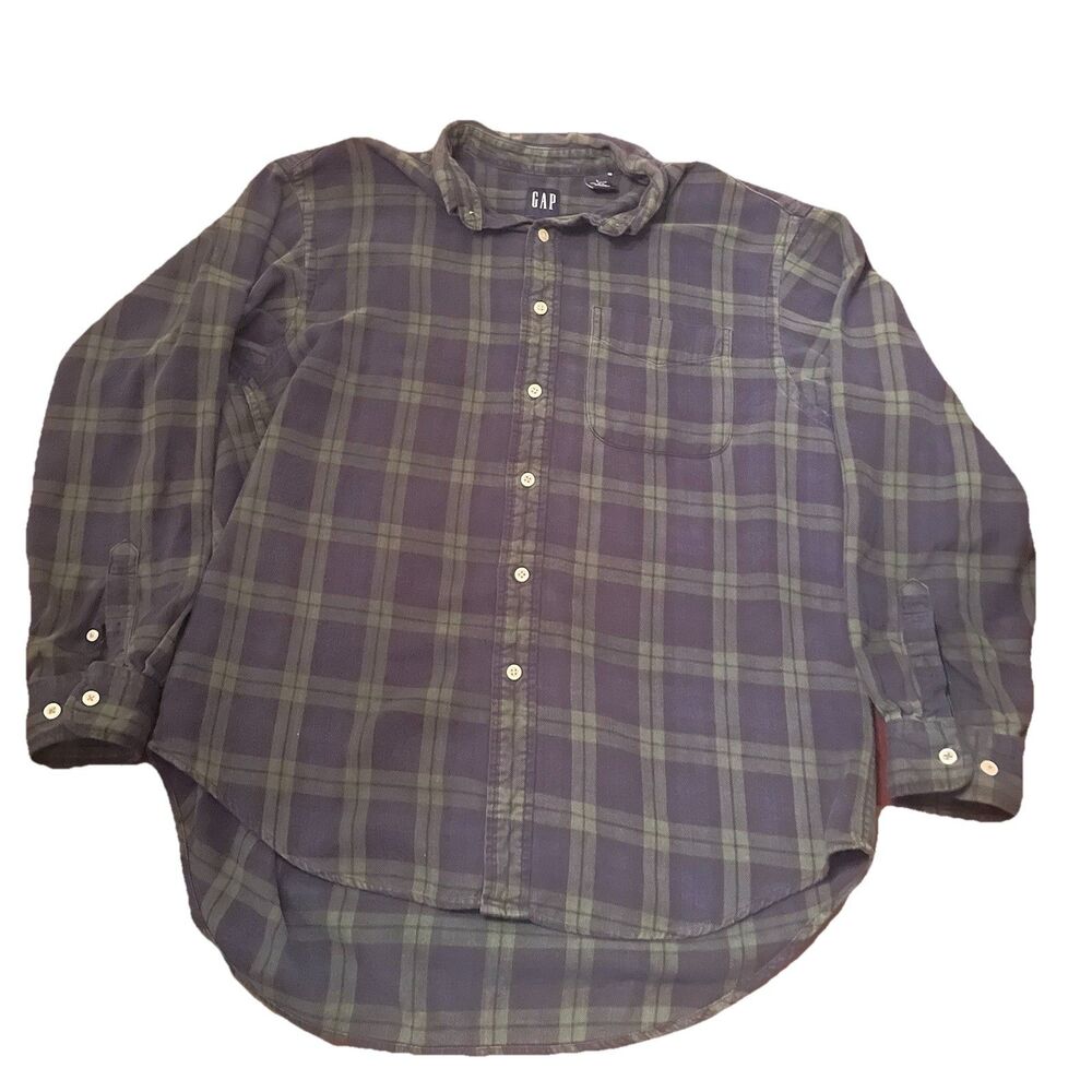 VTG 90s Gap Blue Label Flannel Shirt Mens L Green Navy Plaid Grunge Skater Soft